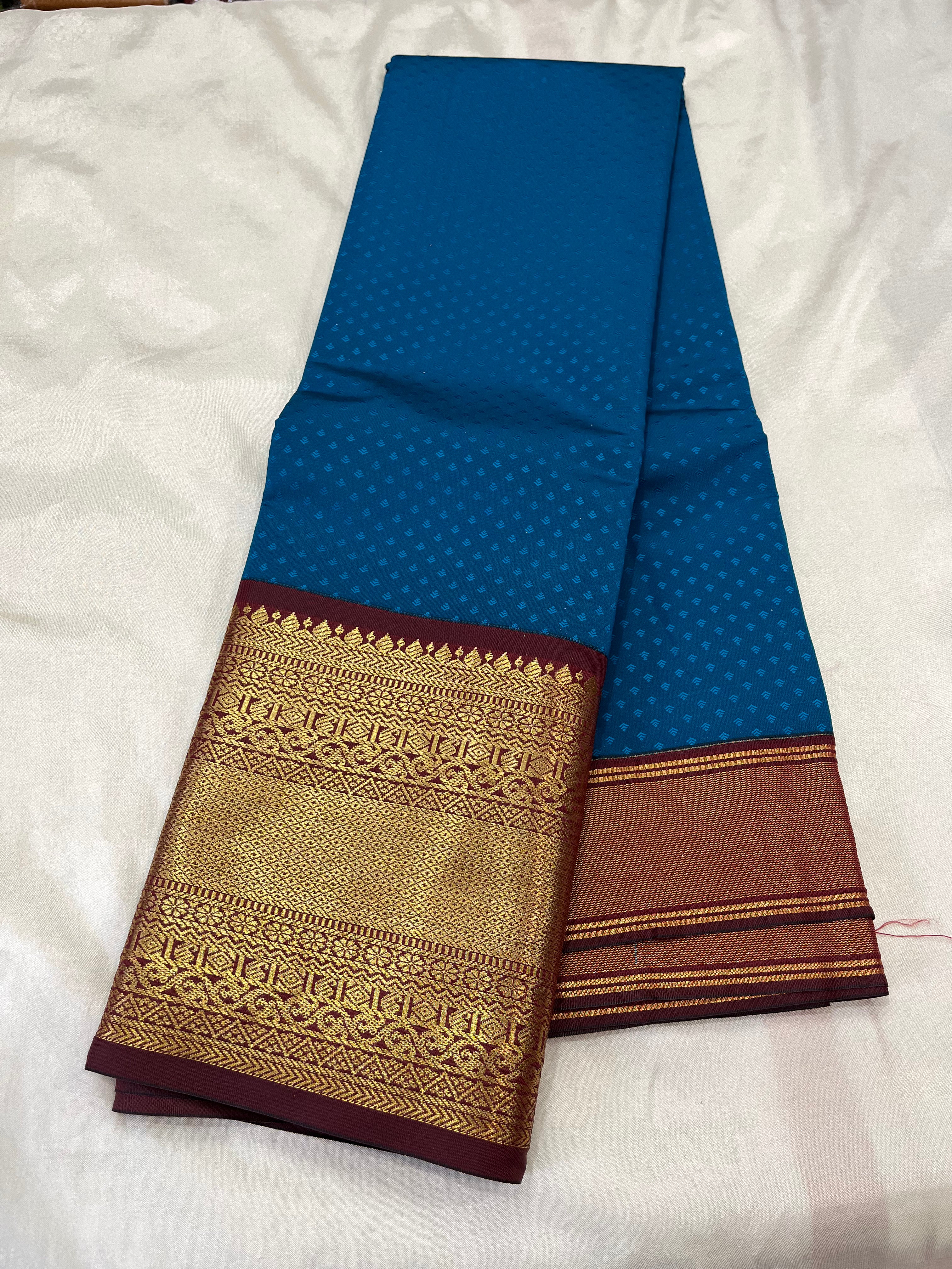 Kanchipuram korvai border soft Semi silk saree with contrast blouse and rich zari pallu