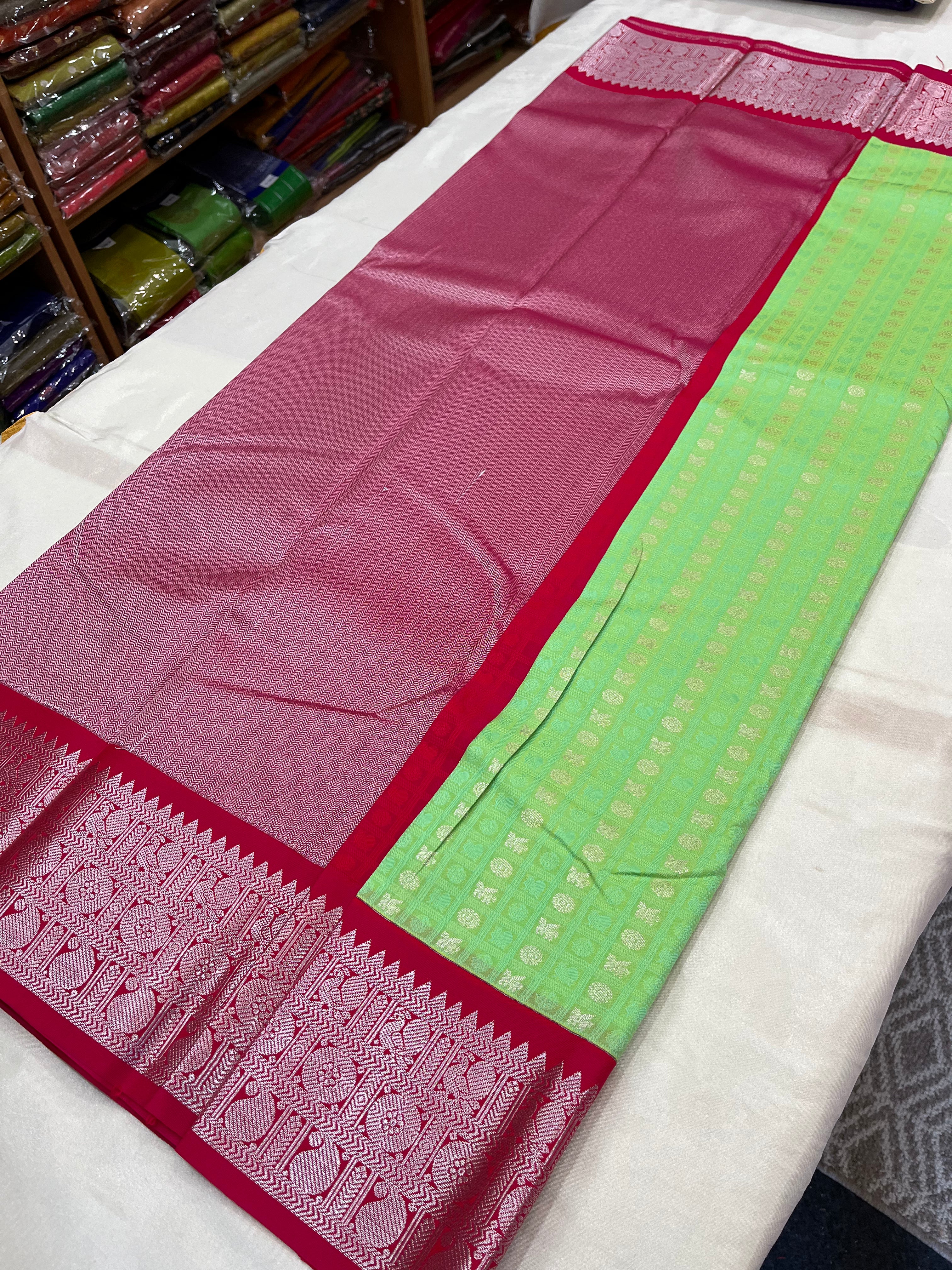 kanchi vegan  silk saree  with contrast blouse and rich jari pallu