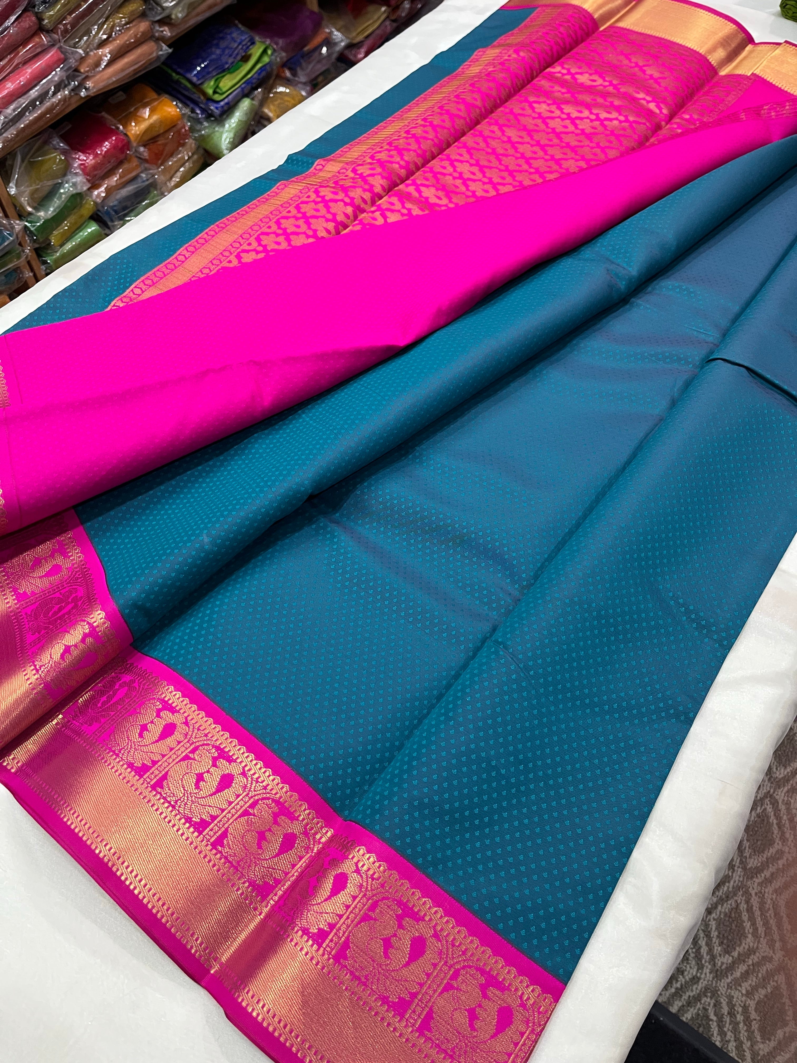 Kanchipuram korvai border soft Semi silk saree with contrast blouse and rich zari pallu