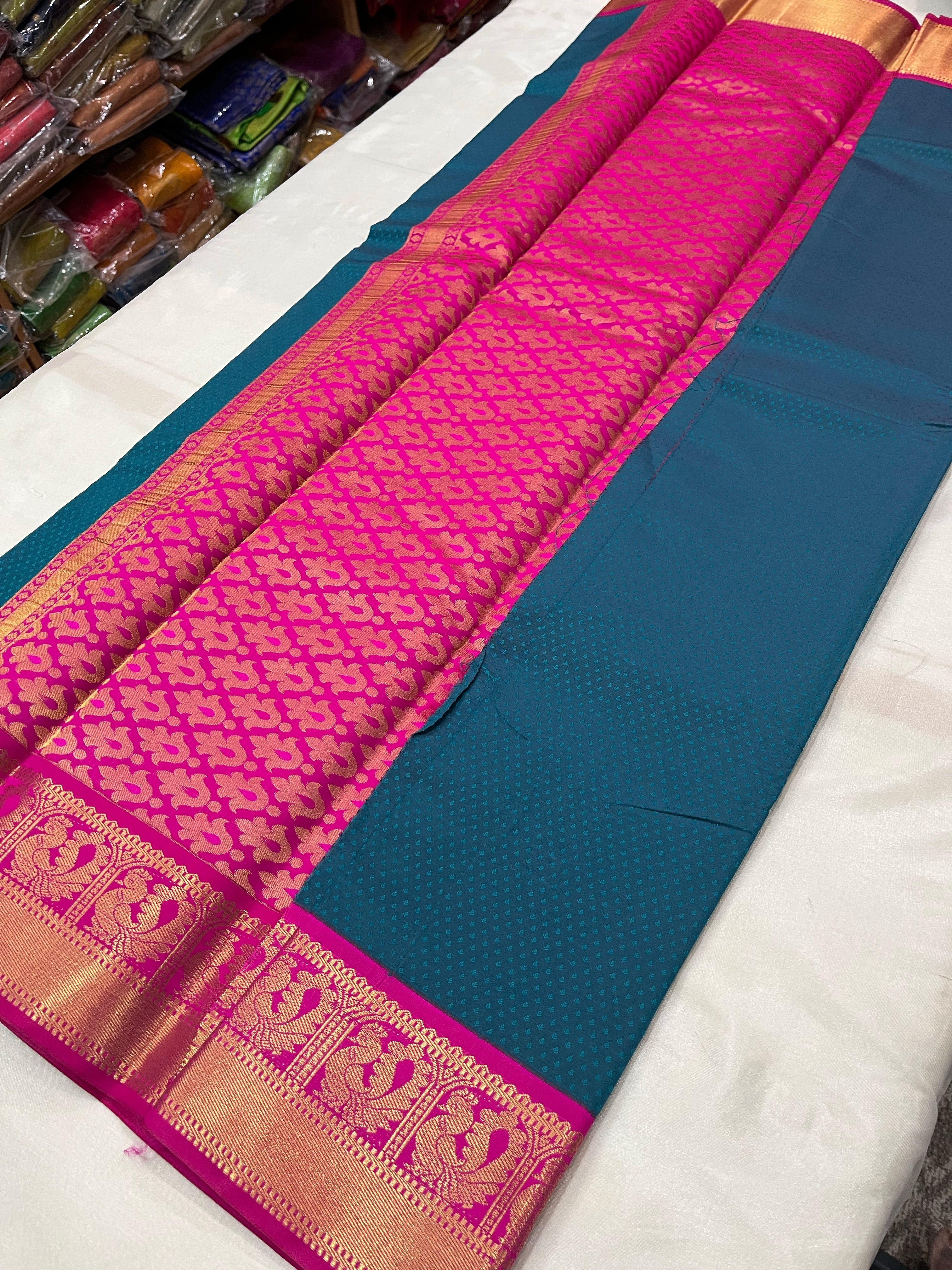 Kanchipuram korvai border soft Semi silk saree with contrast blouse and rich zari pallu