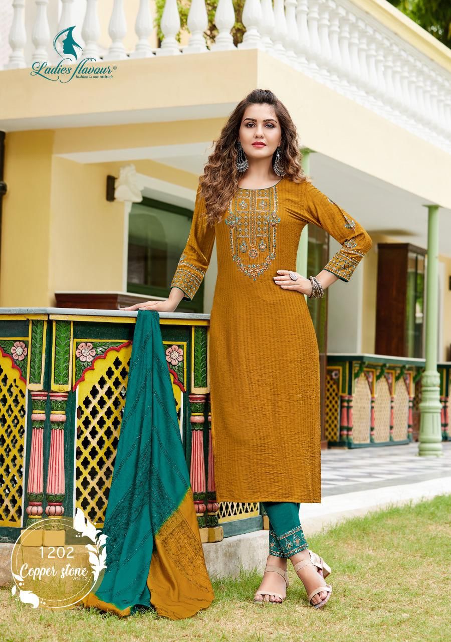 LADIES FLAVOUR PRESENTS COPPER STONE READYMADE TOP WITH BOTTOM AND DUPATTA KURTI