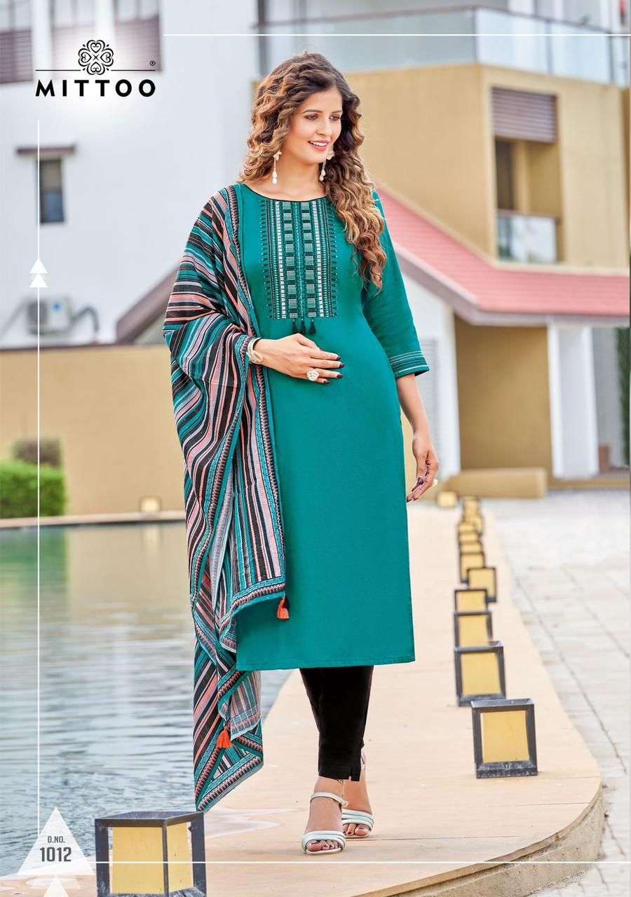 Mittoo Presents Shringar Vol-6 Cotton Slub Lycra Kurtis With Pant And Dupatta Collection.