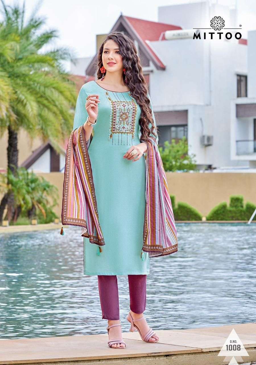 Mittoo Presents Shringar Vol-6 Cotton Slub Lycra Kurtis With Pant And Dupatta Collection.
