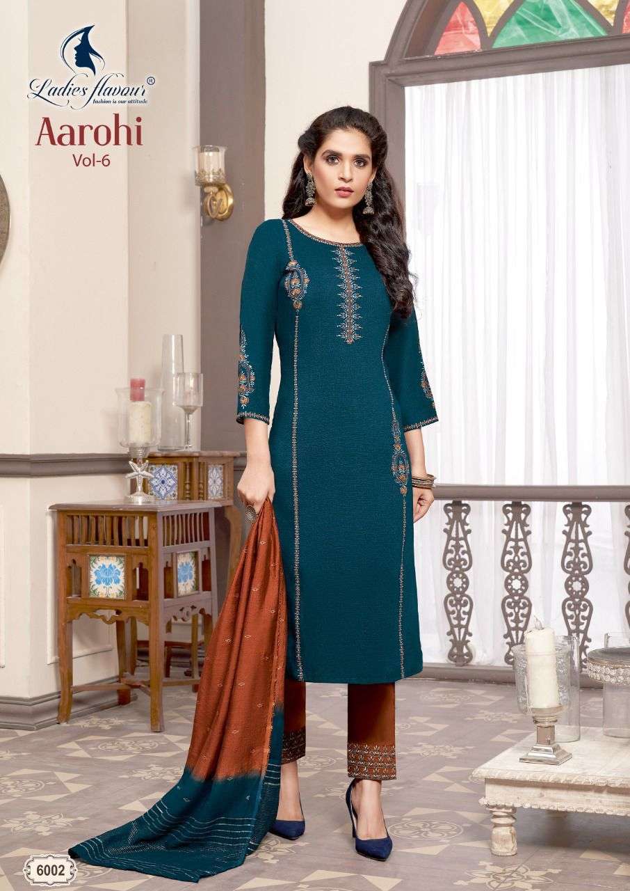 Ladies Flavour Presents Aarohi Chinon Slub Kurtis With Pant And Dupatta Collection