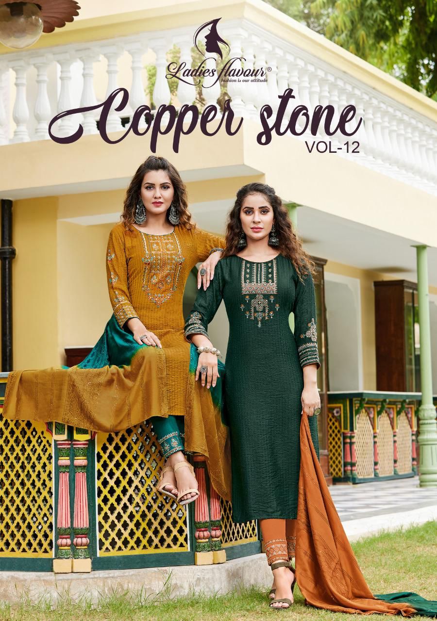 LADIES FLAVOUR PRESENTS COPPER STONE READYMADE TOP WITH BOTTOM AND DUPATTA KURTI