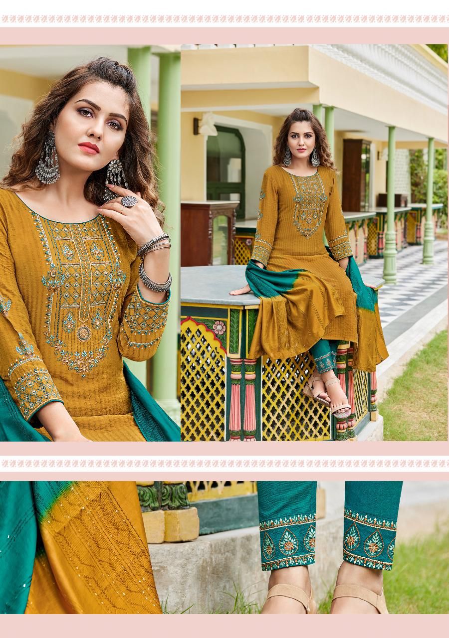 LADIES FLAVOUR PRESENTS COPPER STONE READYMADE TOP WITH BOTTOM AND DUPATTA KURTI